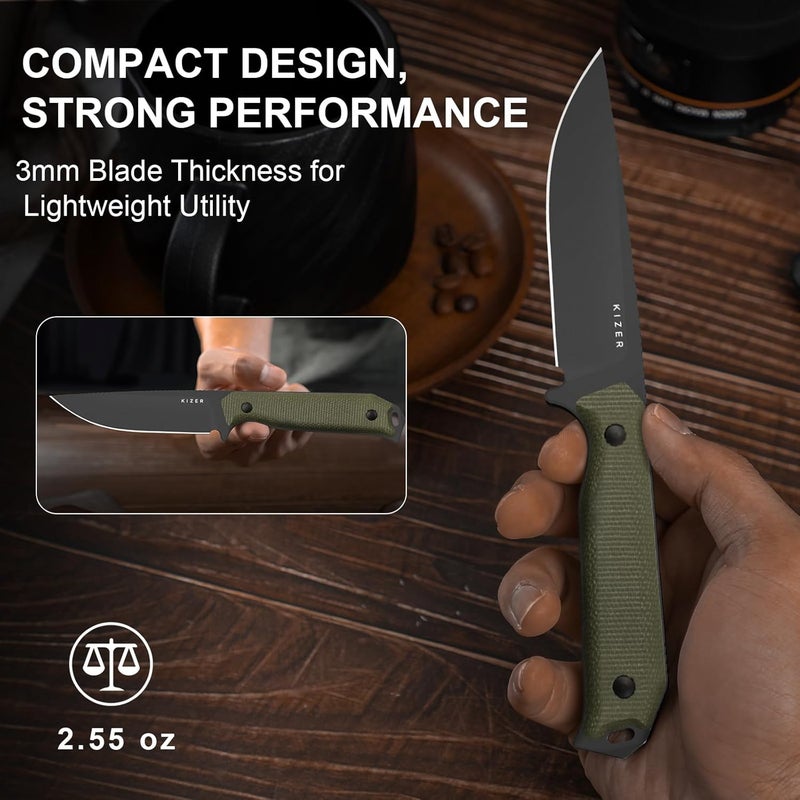 KIZER Begleiter Fix Fixed Blade Knife, 3.78" Drop Point D2 Blade Hunting Knives with Kydex Sheath, Green Micarta Handle EDC Knife for Camping Hunting Survival 1045MD3 - Image 5